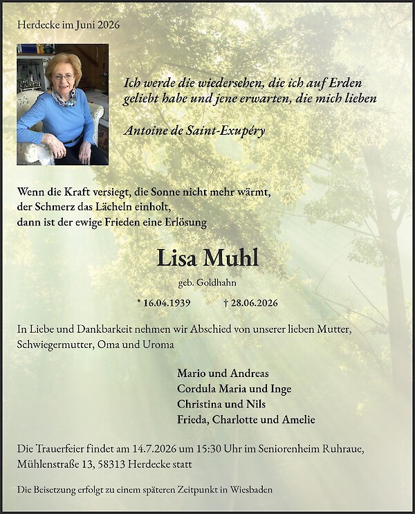 Traueranzeige von Lisa Muhl, Herdecke