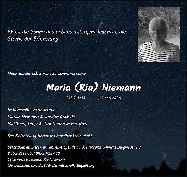 Obituary of Maria (Ria) Niemann, Langenhagen