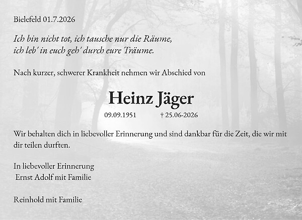 Traueranzeige von Heinz J&auml;ger, Bielefeld