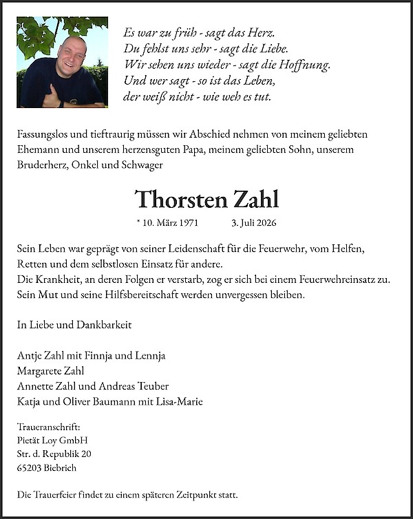 Traueranzeige von Thorsten Zahl