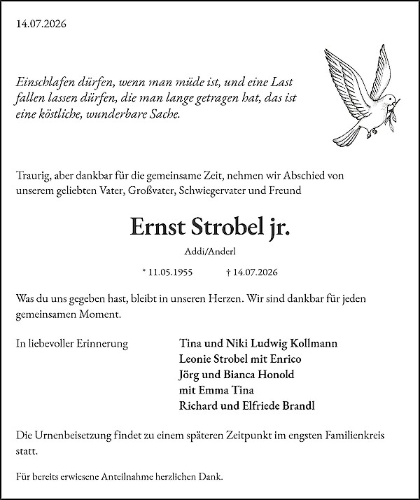 Traueranzeige von Ernst Strobel jr., Neumarkt