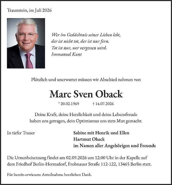 Traueranzeige von Marc Sven Oback