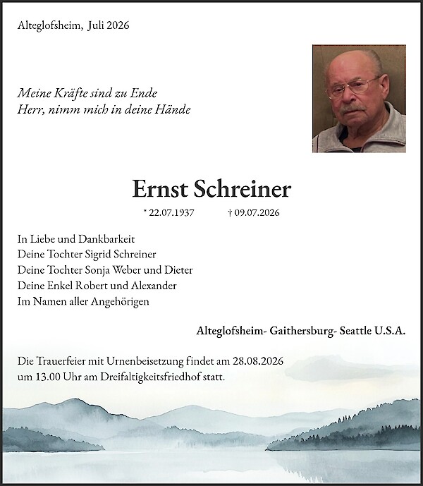 Traueranzeige von Ernst Schreiner, Alteglofsheim