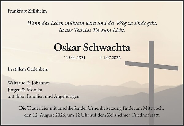 Traueranzeige von Oskar Schwachta, Frankfurt-Zeilsheim