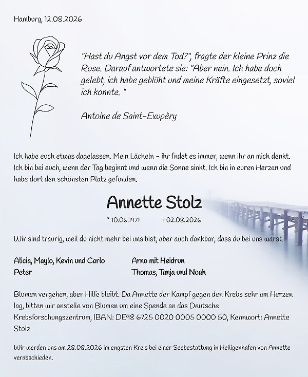 Traueranzeige von Annette Stolz, Hamburg