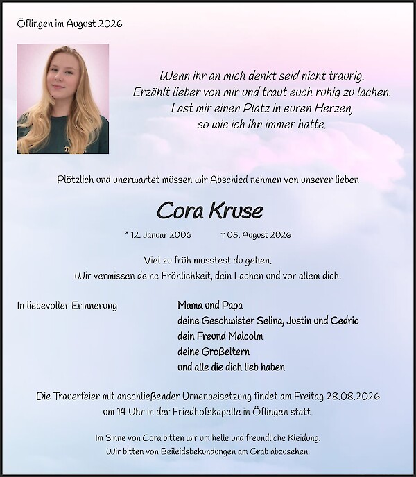Traueranzeige von Cora Kruse, Wehr