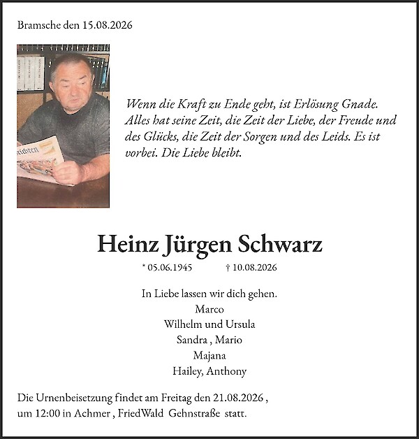 Traueranzeige von Heinz J&uuml;rgen Schwarz