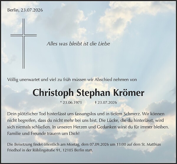 Traueranzeige von Christoph Stephan Kr&ouml;mer, Berlin