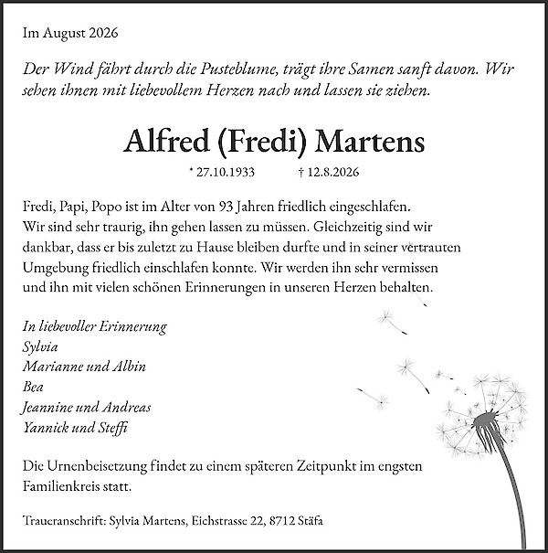 Traueranzeige von Alfred (Fredi) Martens