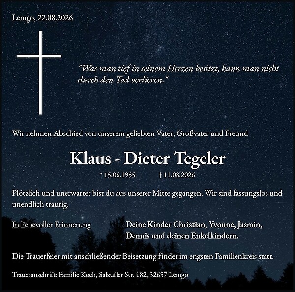 Traueranzeige von Klaus - Dieter Tegeler