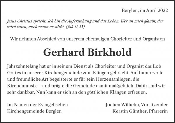 Traueranzeige von Gerhard Birkhold, Winnenden