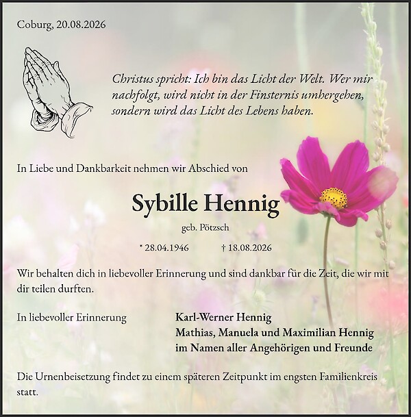 Traueranzeige von Sybille Hennig, Coburg
