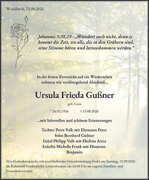 Traueranzeige von Ursula Frieda Gu&szlig;ner