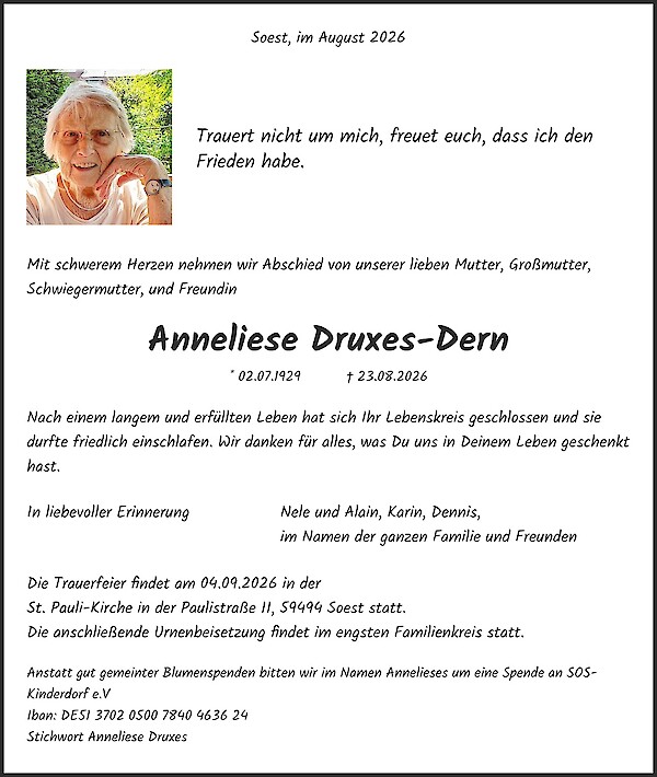 Traueranzeige von Anneliese Druxes-Dern