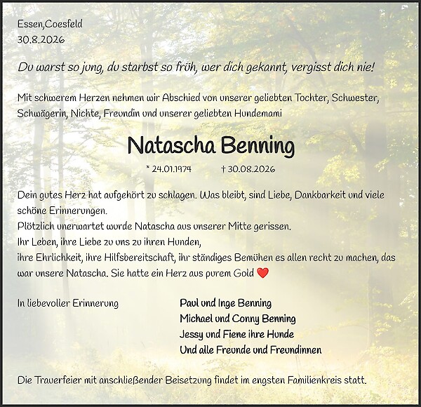 Traueranzeige von Natascha Benning, Essen Werden