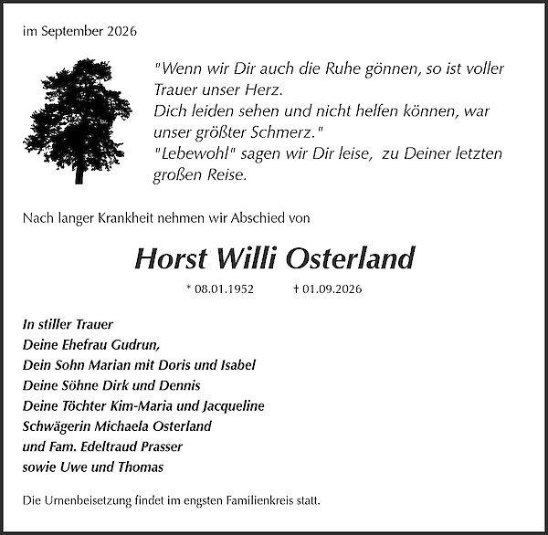 Traueranzeige von Horst Willi Osterland, Rohrberg