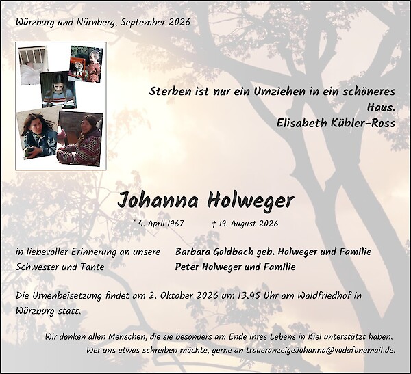 Traueranzeige von Johanna Holweger, Kiel