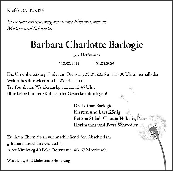 Traueranzeige von Barbara Charlotte Barlogie