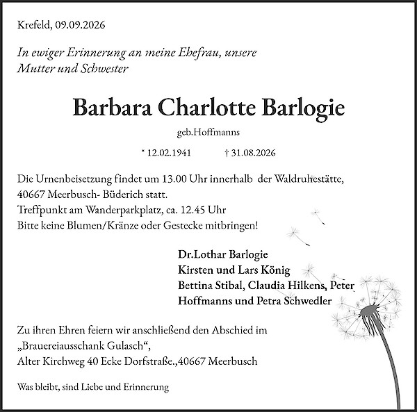 Traueranzeige von Barbara Charlotte Barlogie