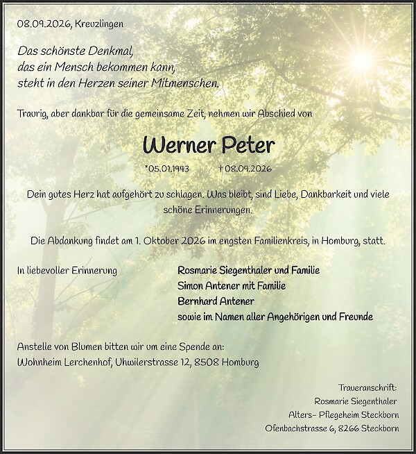 Traueranzeige von Werner Peter, Kreuzlingen