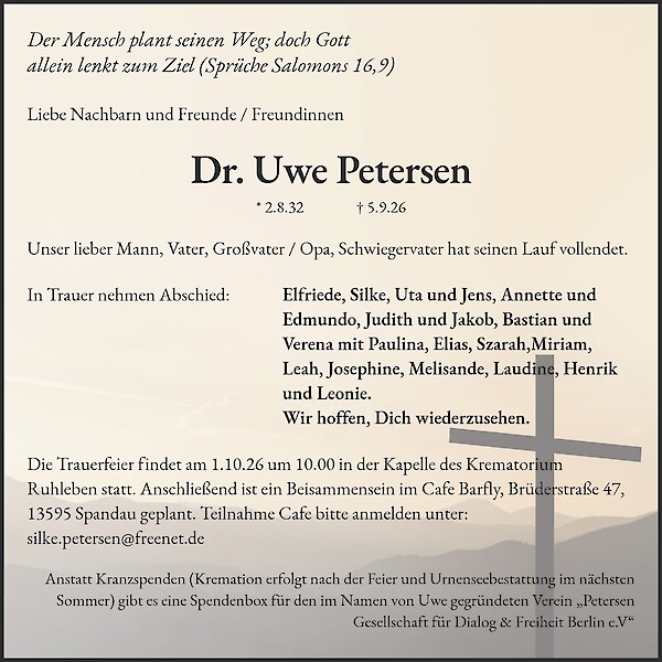 Traueranzeige von Dr. Uwe Petersen