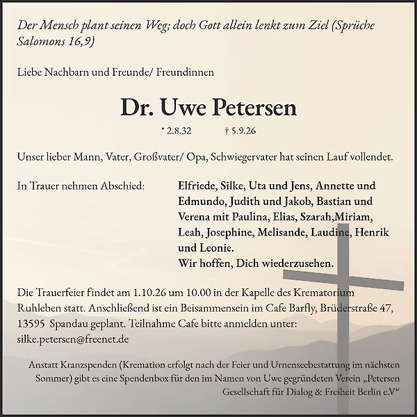 Traueranzeige von Dr. Uwe Petersen