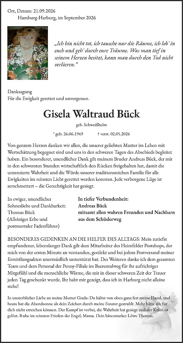 Danksagung von Gisela Waltraud B&uuml;ck, Hamburg-Harburg