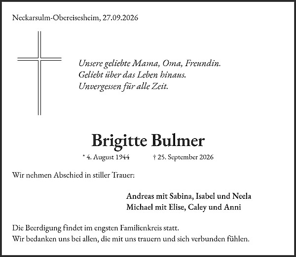 Traueranzeige von Brigitte Bulmer, Neckarsulm, Obereisesheim