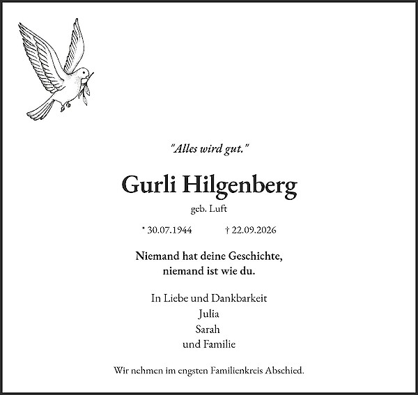 Traueranzeige von Gurli Hilgenberg, Hamburg