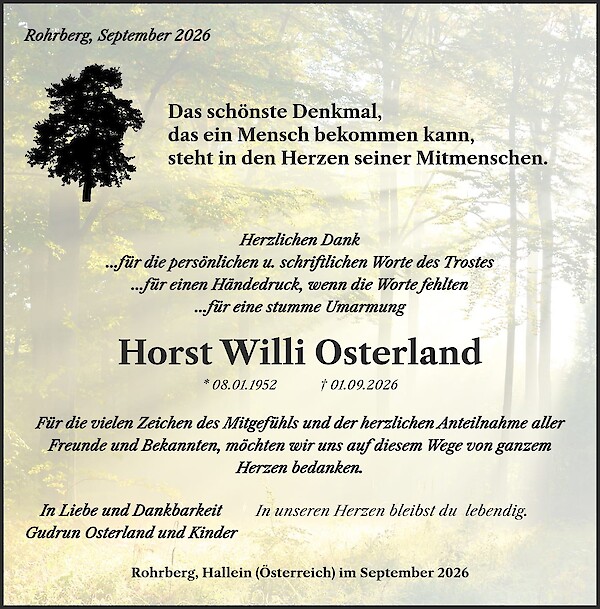 Danksagung von Horst Willi Osterland, Rohrberg, Hallein (&Ouml;sterreich) im September 2026