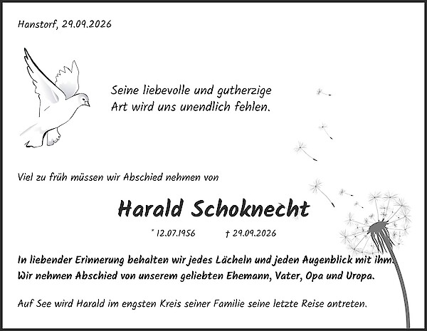 Traueranzeige von Harald Schoknecht, Hanstorf