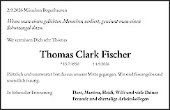 Traueranzeige Thomas Clark Fischer, M&uuml;nchen