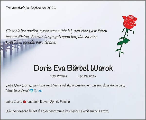 Traueranzeige von Doris Eva B&auml;rbel Warok