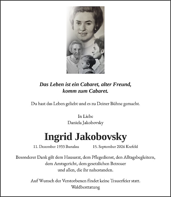 Traueranzeige von Ingrid Jakobovsky