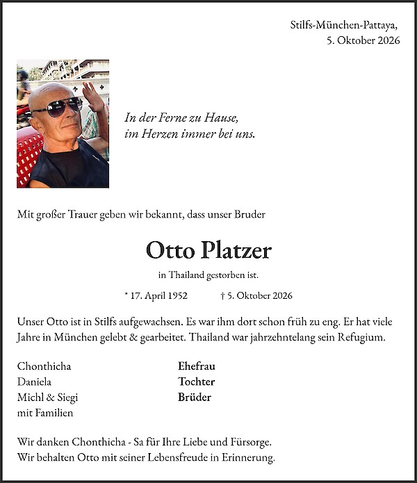 Traueranzeige von Otto Platzer, Pattaya