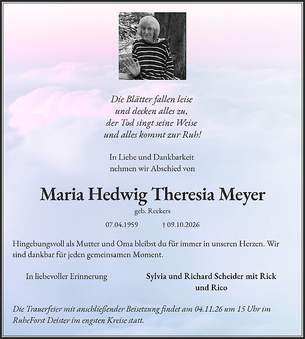 Obituary of Maria Hedwig Theresia Meyer, Hannover