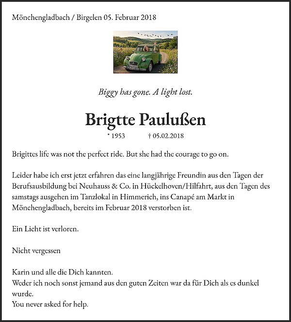 Traueranzeige von Brigtte Paulu&szlig;en, M&ouml;nchengladbach