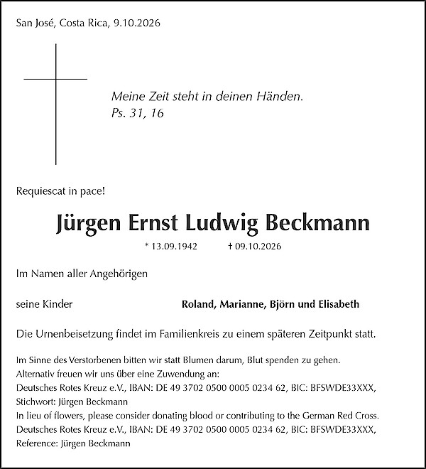 Traueranzeige von J&uuml;rgen Ernst Ludwig Beckmann
