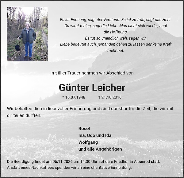 Traueranzeige von G&uuml;nter Leicher, Alpenrod