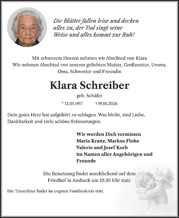 Traueranzeige von Klara Schreiber, Ansbach