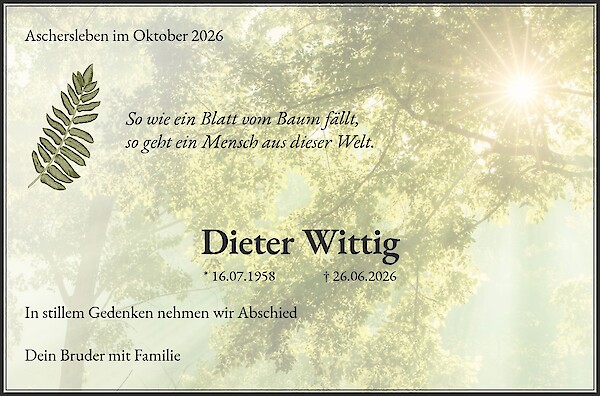 Traueranzeige von Dieter Wittig, Aschersleben
