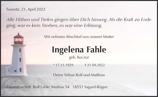 Obituary Ingelena Fahle, Sassnitz