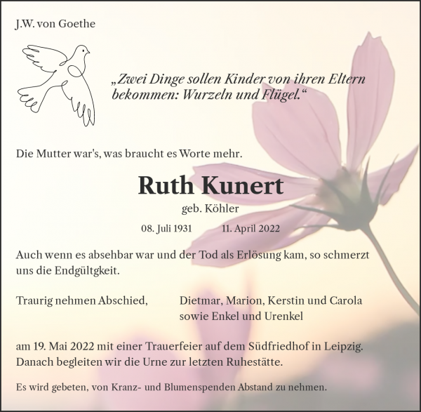 Traueranzeige von Ruth Kunert, Leipzig