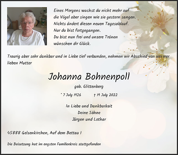 Traueranzeige von Johanna Bohnenpoll, Gelsenkirchen
