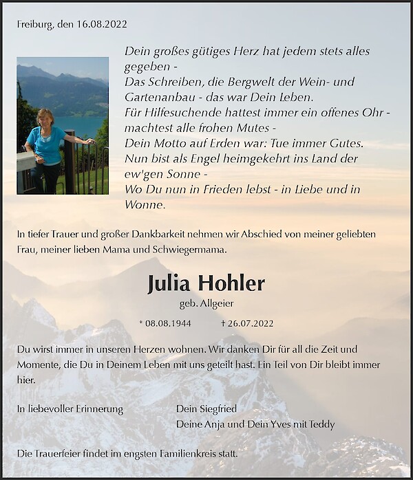Traueranzeige von Julia Hohler, Freiburg im Breisgau