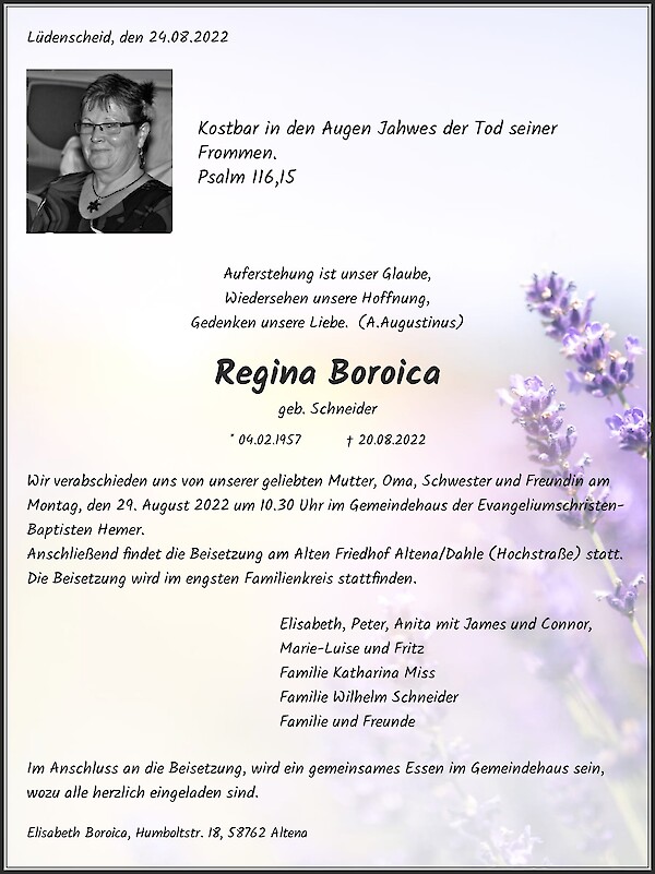 Obituary Regina Boroica, Rumänien