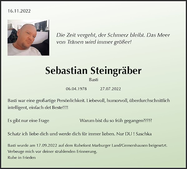 Traueranzeige von Sebastian Steingräber, Stadtallendorf