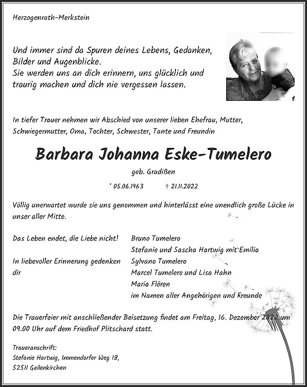 Obituary Barbara Johanna Eske-Tumelero, Herzogenrath-Merkstein