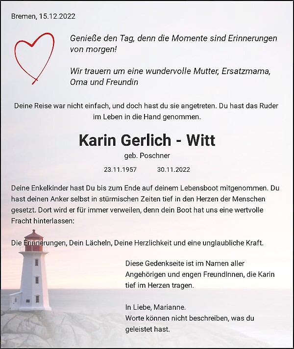 Obituary Karin Gerlich - Witt, Uelzen