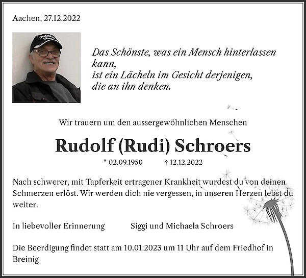 Traueranzeige von Rudolf (Rudi) Schroers, Aachen/ Breinig